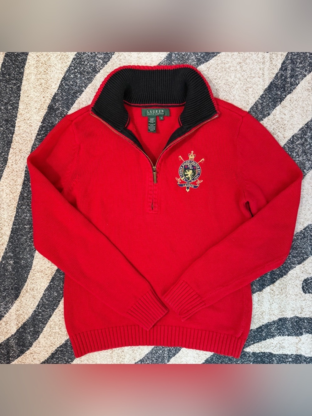 VTG Lauren Ralph Lauren Red Crest Quarter Zip Sweater Size XS
